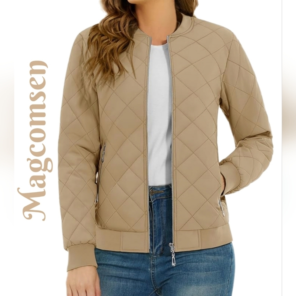 Magcomsen Women's Lightweight Jacket Sz L Khaki Beige Stitch Quilted Pockets